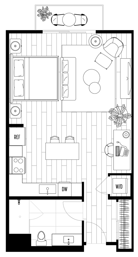 A black and white floor plan of a house with a living room, dining room, kitchen, and bathrooms.
